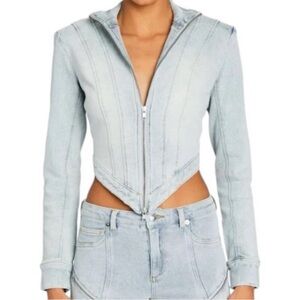 Seroya Chrissy Faded Denim Zip Front Stand Collar Asymmetrical Hem Denim Jacket